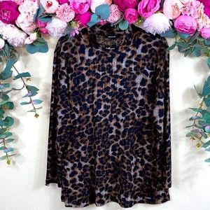•DKNY• {ribbed} Mock-neck Semi-Sheer |lined| leopard print [long-sleeved] Top XL